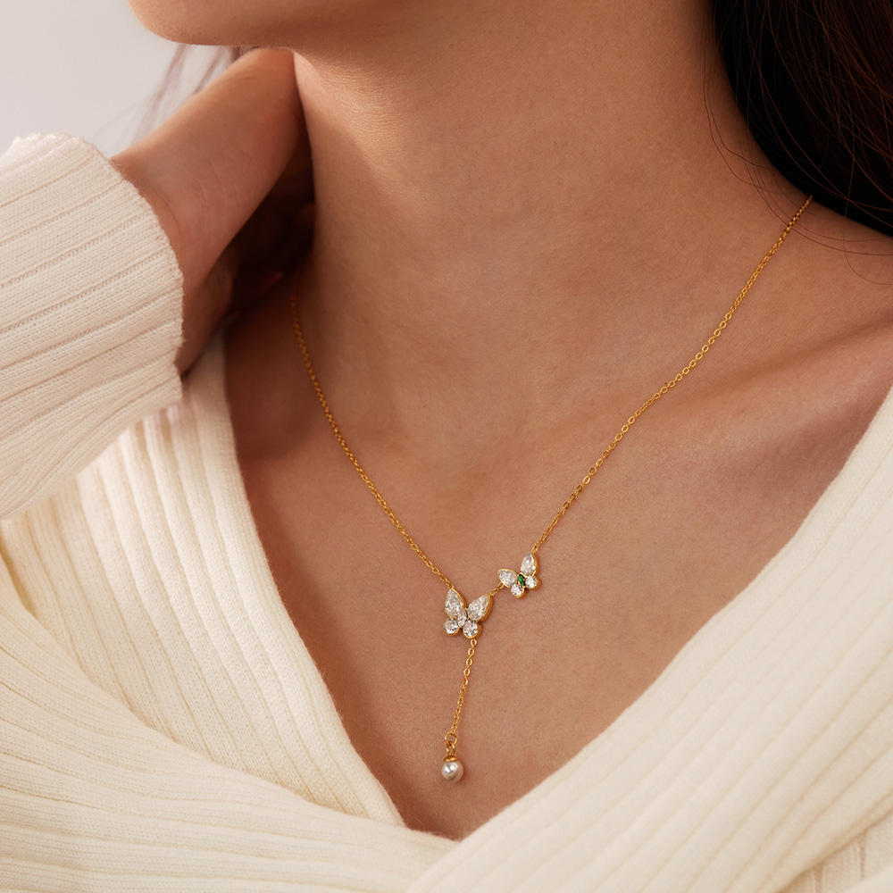 Dual Butterfly Studded Necklace