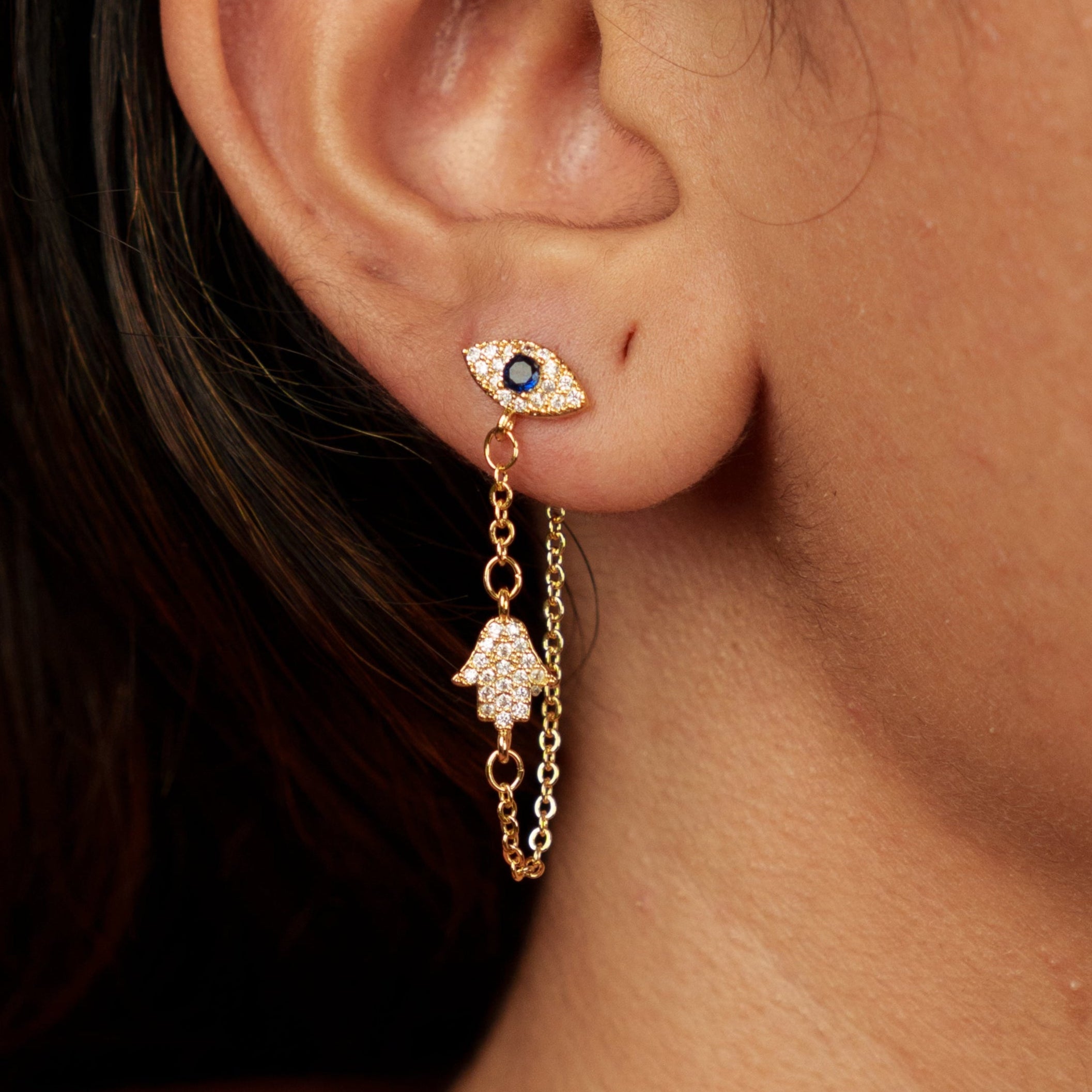 Evil Eye Chain Stud Earrings