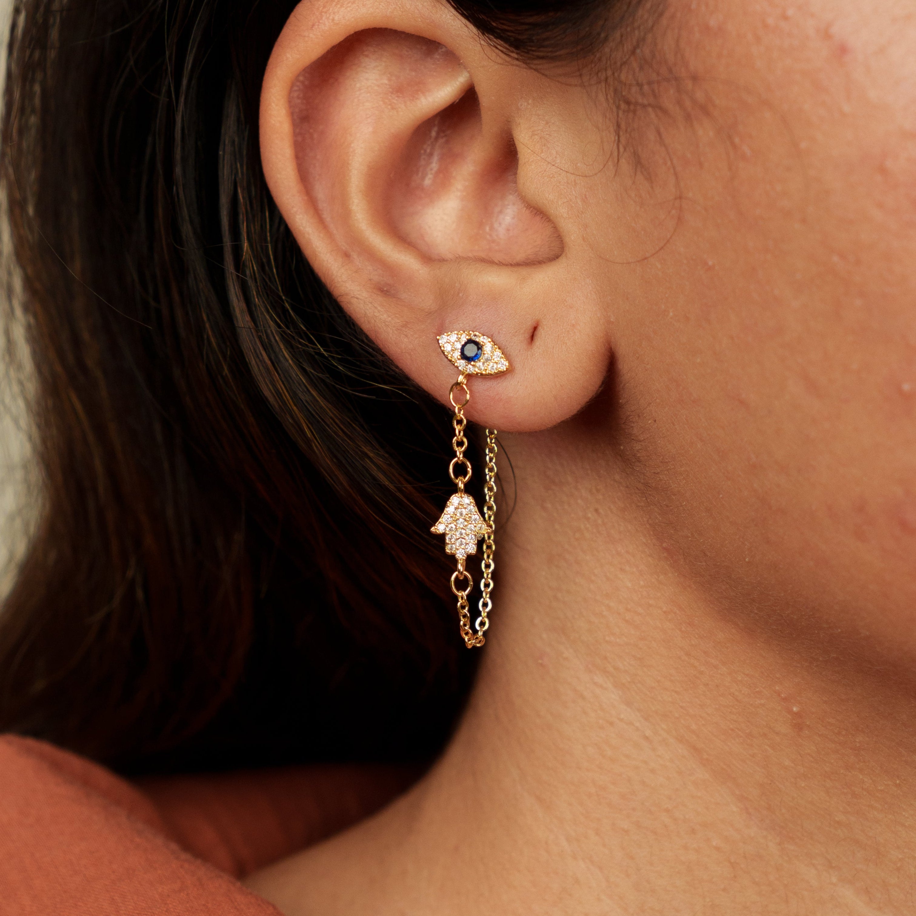 Evil Eye Chain Stud Earrings